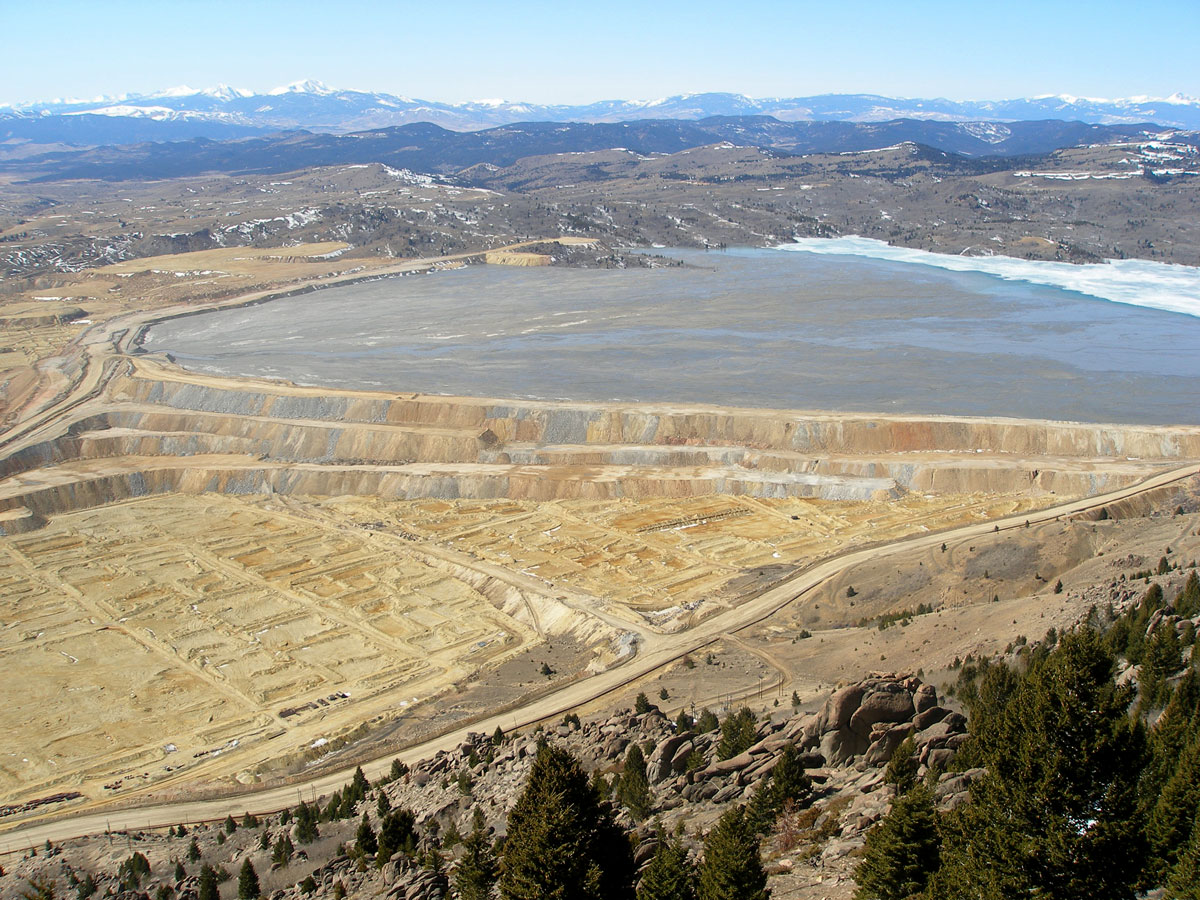 Looking west from Rampart Mountain over the Yankee Doodle Tailings Pond, located north of the Berkeley Pit, in 2007.