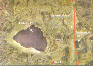 The Berkeley Pit, Continental Fault, and the two wells that showed water level changes after a July 2005 earthquake.