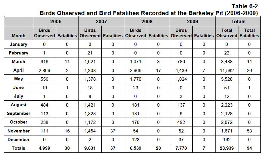 This chart, from the 2011 EPA Five Year Review Report on the site, shows Berkeley Pit-related bird deaths from 2006-2009.