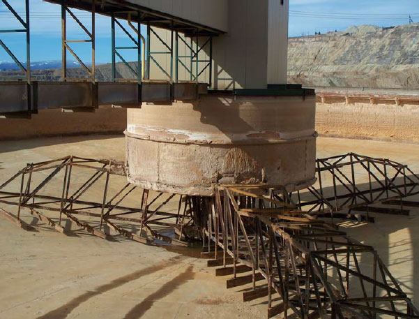 A clarifier, drained for maintenance, at the Horseshoe Bend Water Treatment Plant. The plant will eventually be required to treat water from the Berkeley Pit. Photo from the EPA Five Year Review Report (2011) for the site.