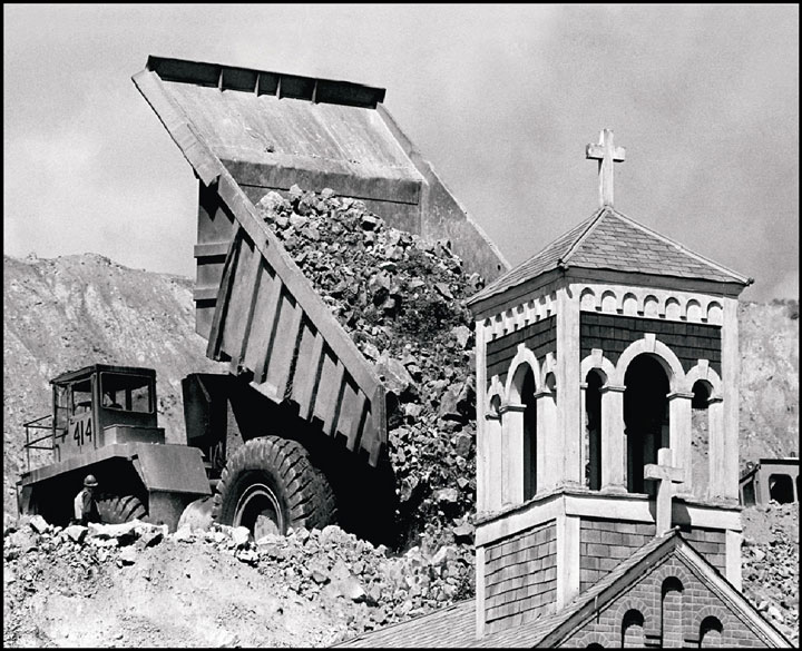 The Holy Savior church, along with several historic neighborhoods in Butte, Montana, was buried to make way for Berkeley Pit expansion. Photo from the Butte-Silver Bow Archives.