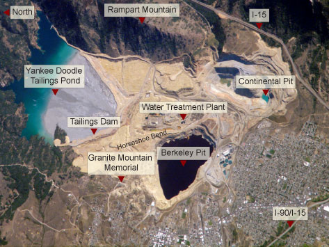 This 2006 image from the NASA Earth Observatory shows the Berkeley Pit and surrounding area after the construction of the Horseshoe Bend Water Treatment Plant and after the resumption of mining at the Continental Pit.