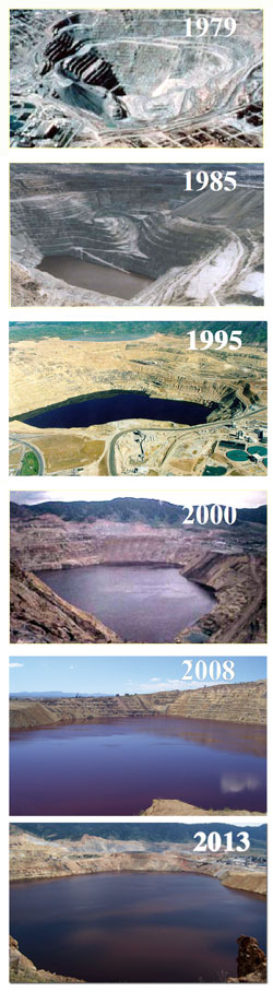 Water in the Berkeley Pit rising, 1979-2013. Photos from the Montana Bureau of Mines & Geology, Justin Ringsak, and Fritz Daily.