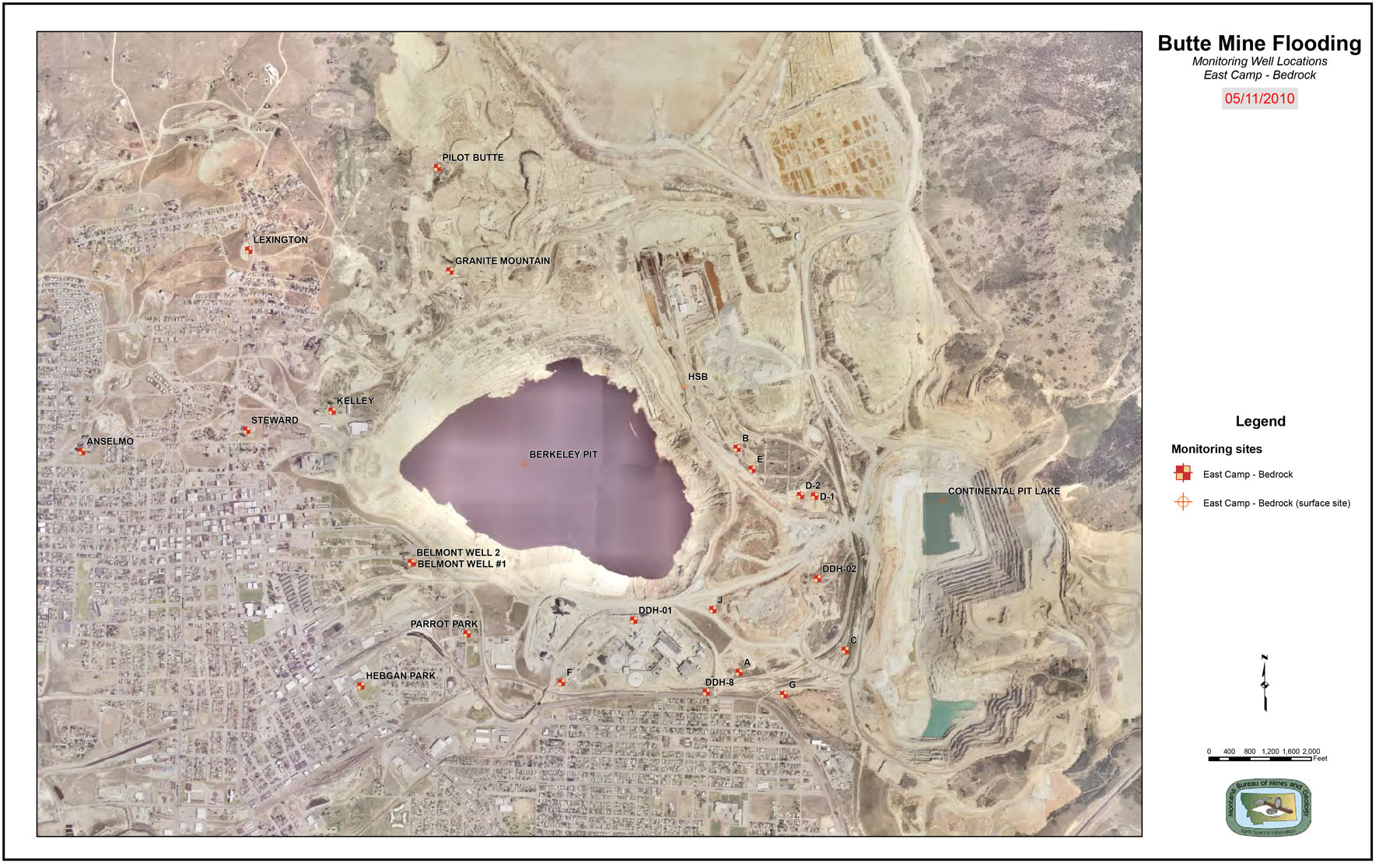 This map shows the locations of groundwater monitoring points for the bedrock aquifer in the East Camp area of the Butte Mine Flooding Operable Unit of the greater Butte Superfund site.